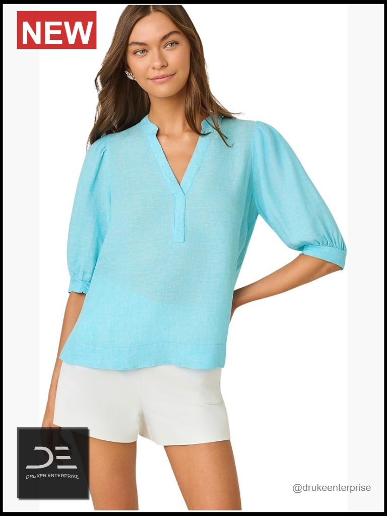 Linen Elbow Sleeve Blouse With Collar And Half Placket
